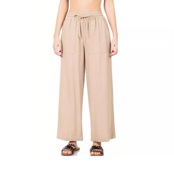 NWT Zenana Outfitters High Waist Linen Paper Bag Wide Leg Pants Khaki Pockets XL - Picture 1 of 10
